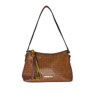 Liz Claiborne Woven Hobo Shoulder Bag Brown Leather Tassel Bamboo Cottagecore